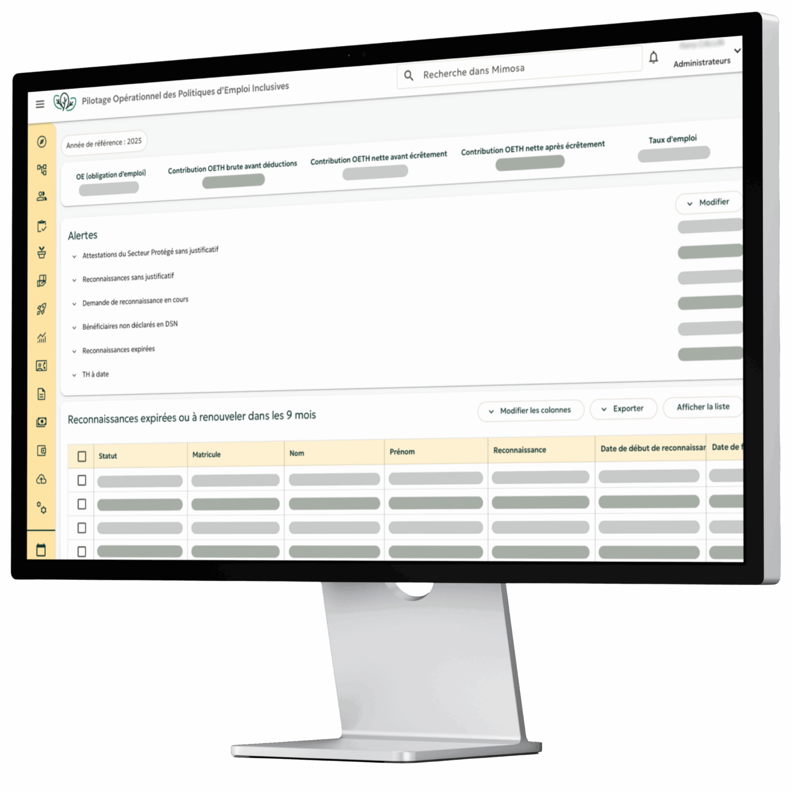 Interface du logiciel Mimosa affichée sur un ordinateur de bureau, dédiée à la gestion sociale et à la déclaration DOETH des collaborateurs en situation de handicap