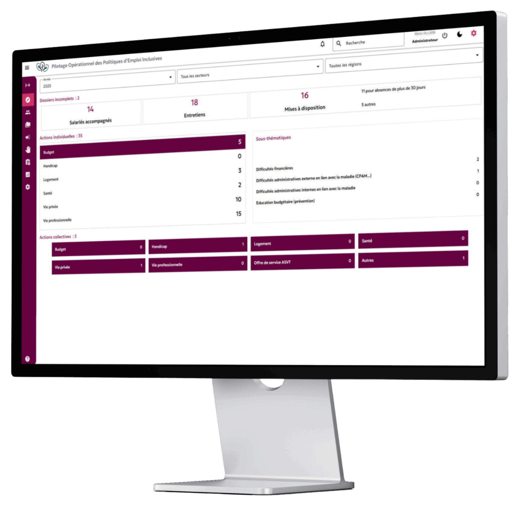 Interface du logiciel Pacret affichée sur un ordinateur de bureau, dédiée au suivi social et à l’accompagnement des collaborateurs