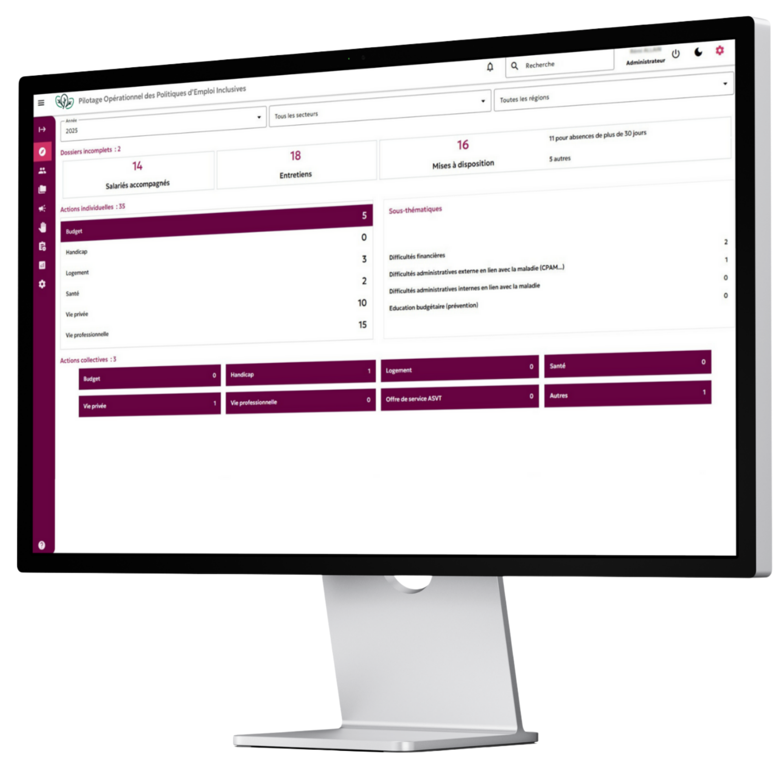 Interface du logiciel Pacret affichée sur un ordinateur de bureau, dédiée au suivi social et à l’accompagnement des collaborateurs